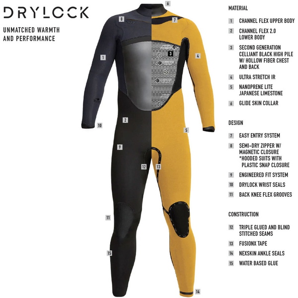 2023 Xcel Hommes Drylock 5/4mm à Capuche Chest Zip Combinaison Néoprène MC54DH20 - Black