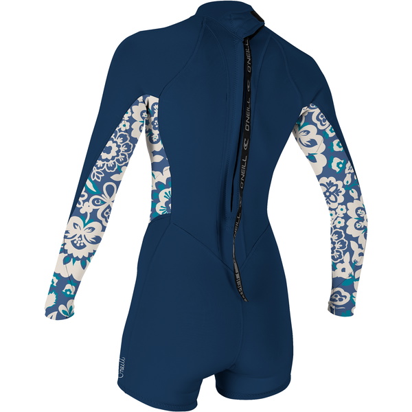 2024 O'Neill Women Bahia 2/1mm Manches Longues Back Zip Shorty Combinaison Néoprène 5291 - French Navy / Crisflor