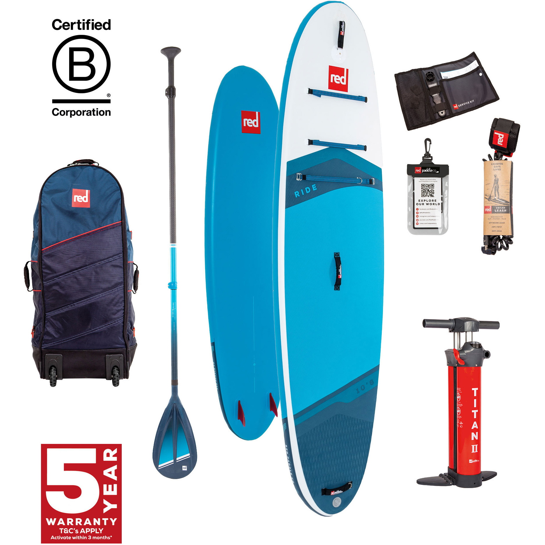 2024 Red Paddle Co 10'2'' Ride MSL Stand Up Paddle Board , Sac, Pompe & Hybrid Tough Paddle 001-001-001-0109 - Blue