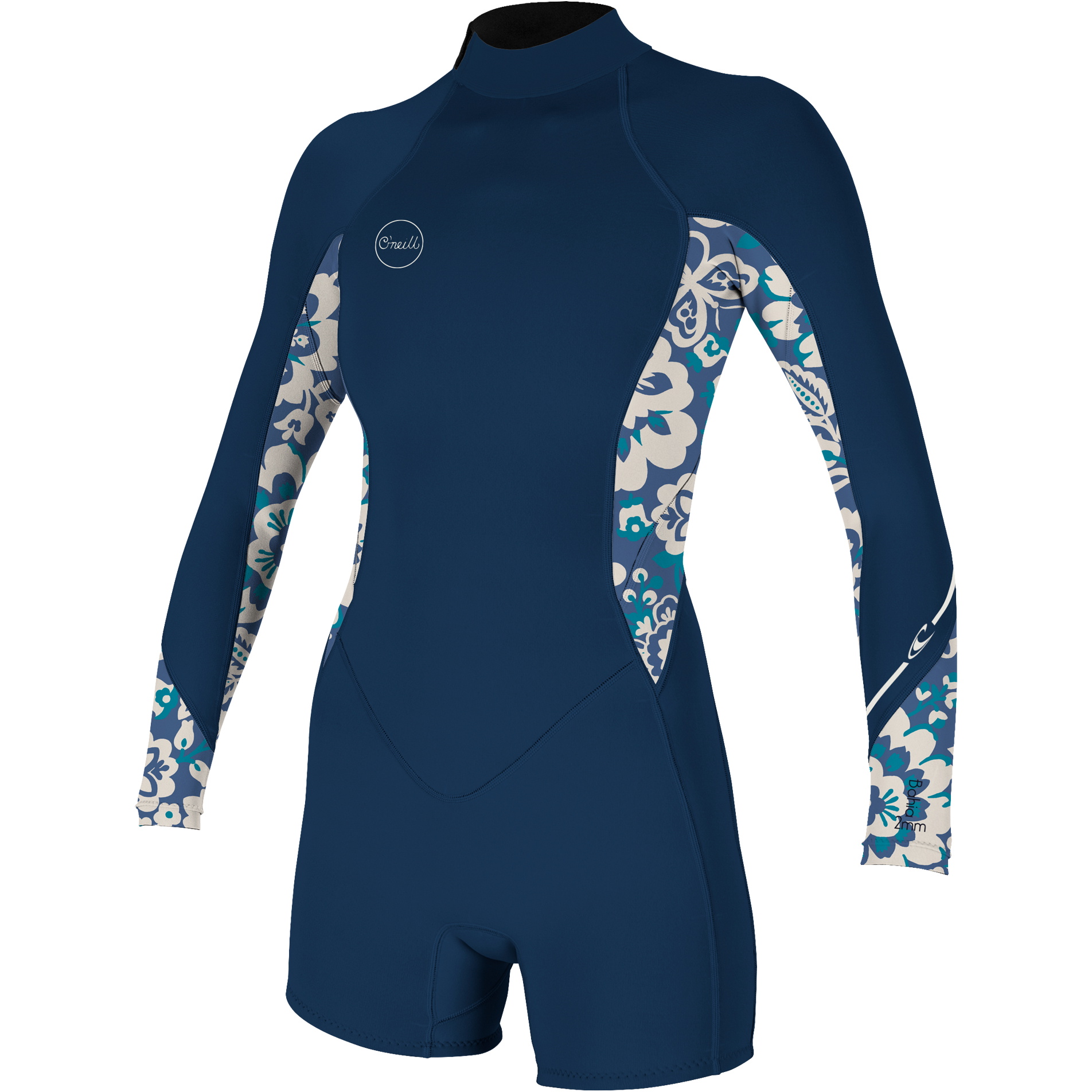2024 O'Neill Women Bahia 2/1mm Manches Longues Back Zip Shorty Combinaison Néoprène 5291 - French Navy / Crisflor
