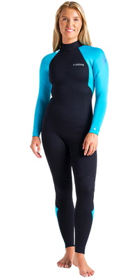 2026 C-Skins Femmes Surflite 3/2mm GBS Back Zip Combinaison Néoprène C-SL32WBZ - Raven Black / Bright Cyan / Azure