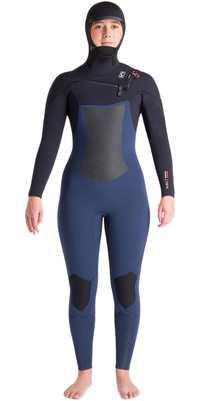 2025 C-Skins Femmes NuWave ReWired 6/5mm Chest Zip à Capuche Combinaison Néoprène C-NRW65WH - Bluestone / Black X / Coral