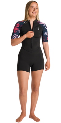 2026 C-Skins Femmes NuWave Solace Lite 2/2mm Front Zip Shorty Combinaison Néoprène C-NSOL22SHW - Black / Tropical