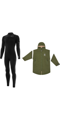 2026 Nyord Hommes Solu Yulex 5/4mm Chest Zip Combinaison Néoprène & Change Robe Bundle SOLM540001NCR - Black / Green