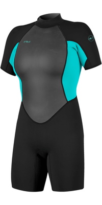 2026 ONeill Femmes Reactor-2 2mm Back Zip Shorty Combinaison N&eacute;opr&egrave;ne 5043B - Black / Lt Aqua