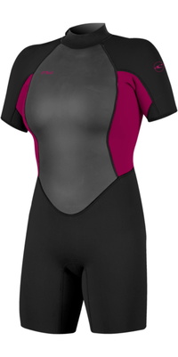 2026 ONeill Femmes Reactor-2 2mm Back Zip Shorty Combinaison N&eacute;opr&egrave;ne 5043B - Black / Punk Pink