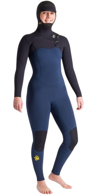 2025 C-Skins Femmes NuWave Solace 5/4/3mm Chest Zip à Capuche Combinaison Néoprène C-NSO54WH - Bluestone / Black X / Saffron