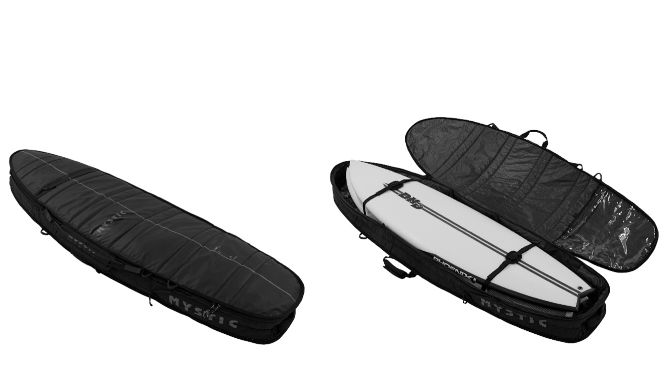 Slim black board bag shown closed and open holding a white surfboard, on white
