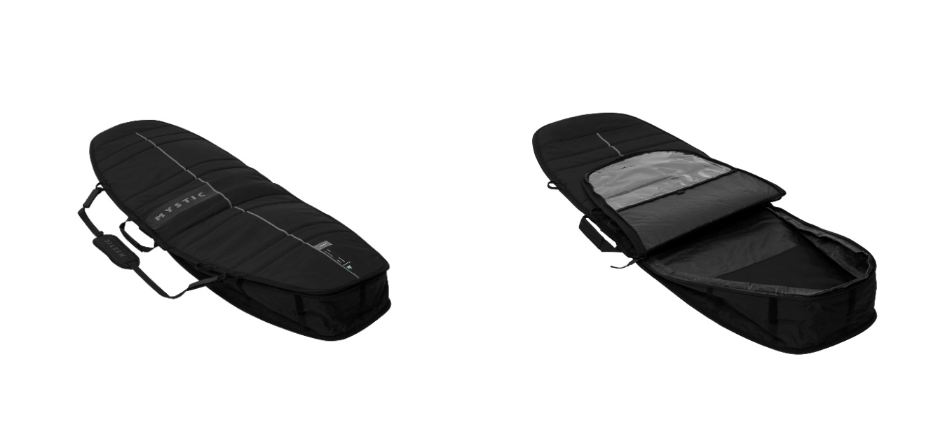 Black surfboard travel bag shown closed and unzipped to reveal its padded lining, on white