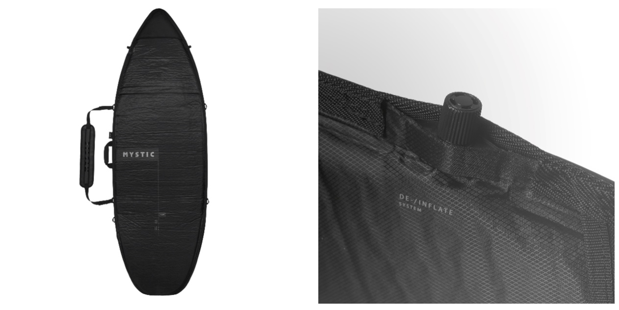 Surfboard-shaped black day bag with a handle, next to a close-up of its outer fabric