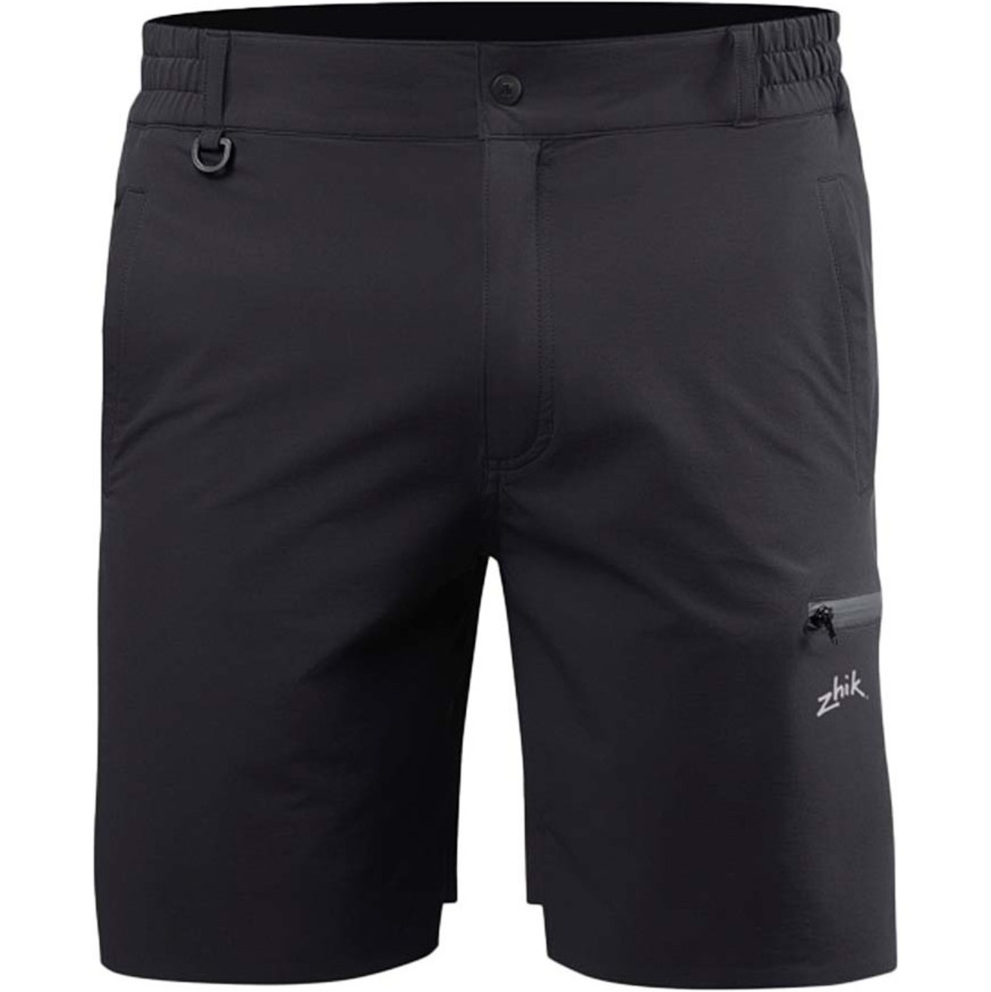 Black Zhik quick-drying deck shorts with zipped thigh pocket, shown on a white background