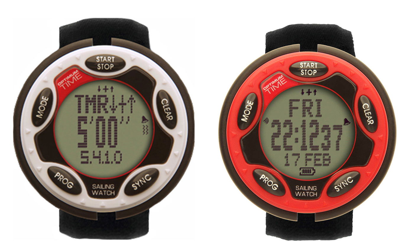 White and red sailing watches side by side, one on a race timer, the other showing day and date