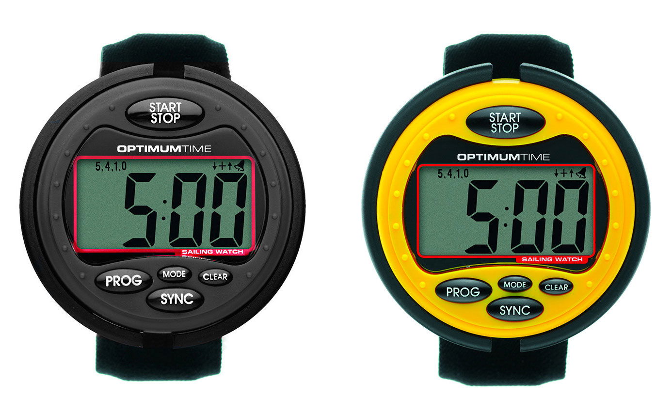 Two large-face Optimum Time sailing watches, black and yellow, showing a five minute start countdown