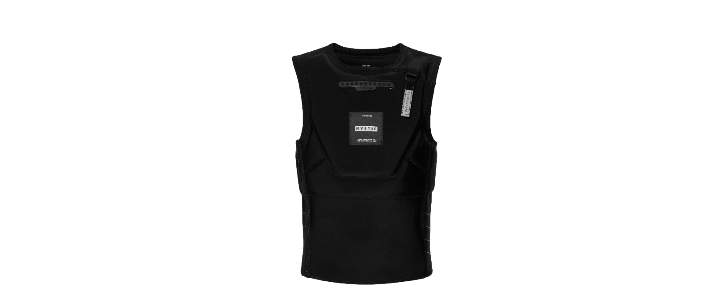 Cutout of a plain black sleeveless impact vest with a discreet chest label