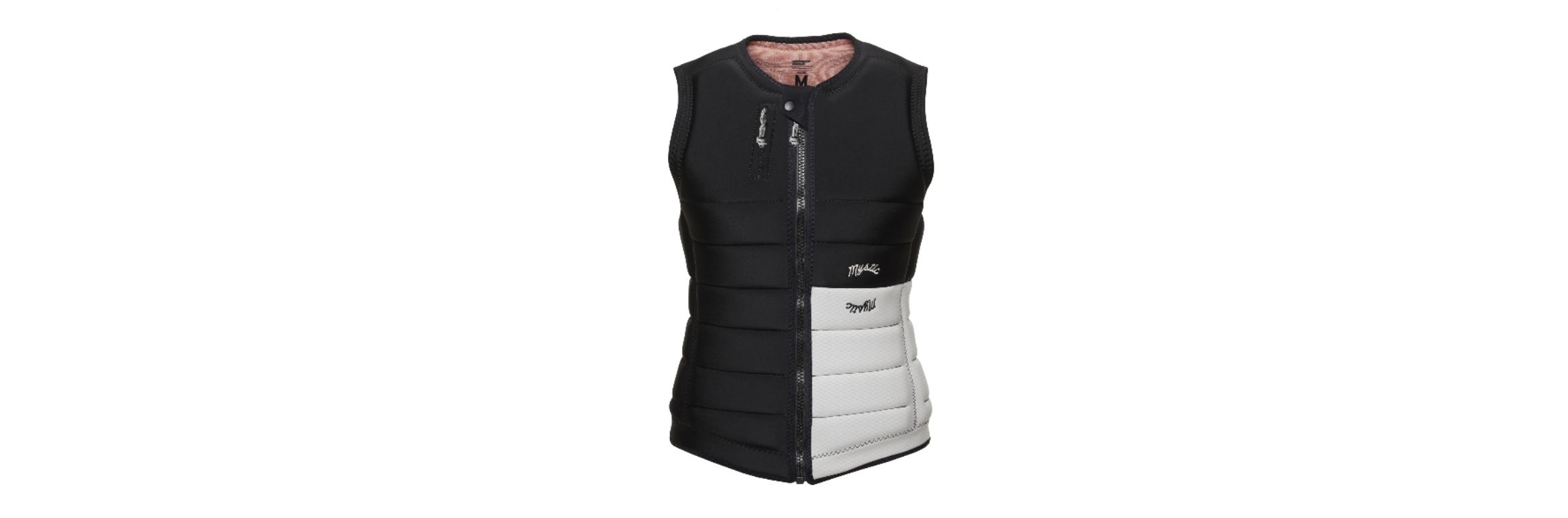 Black and white impact vest shown from the front and at an angle on a plain background
