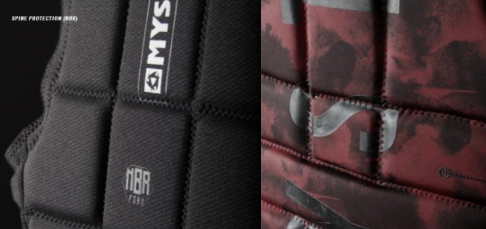Paired close-ups of segmented impact vest padding and a red patterned neoprene panel