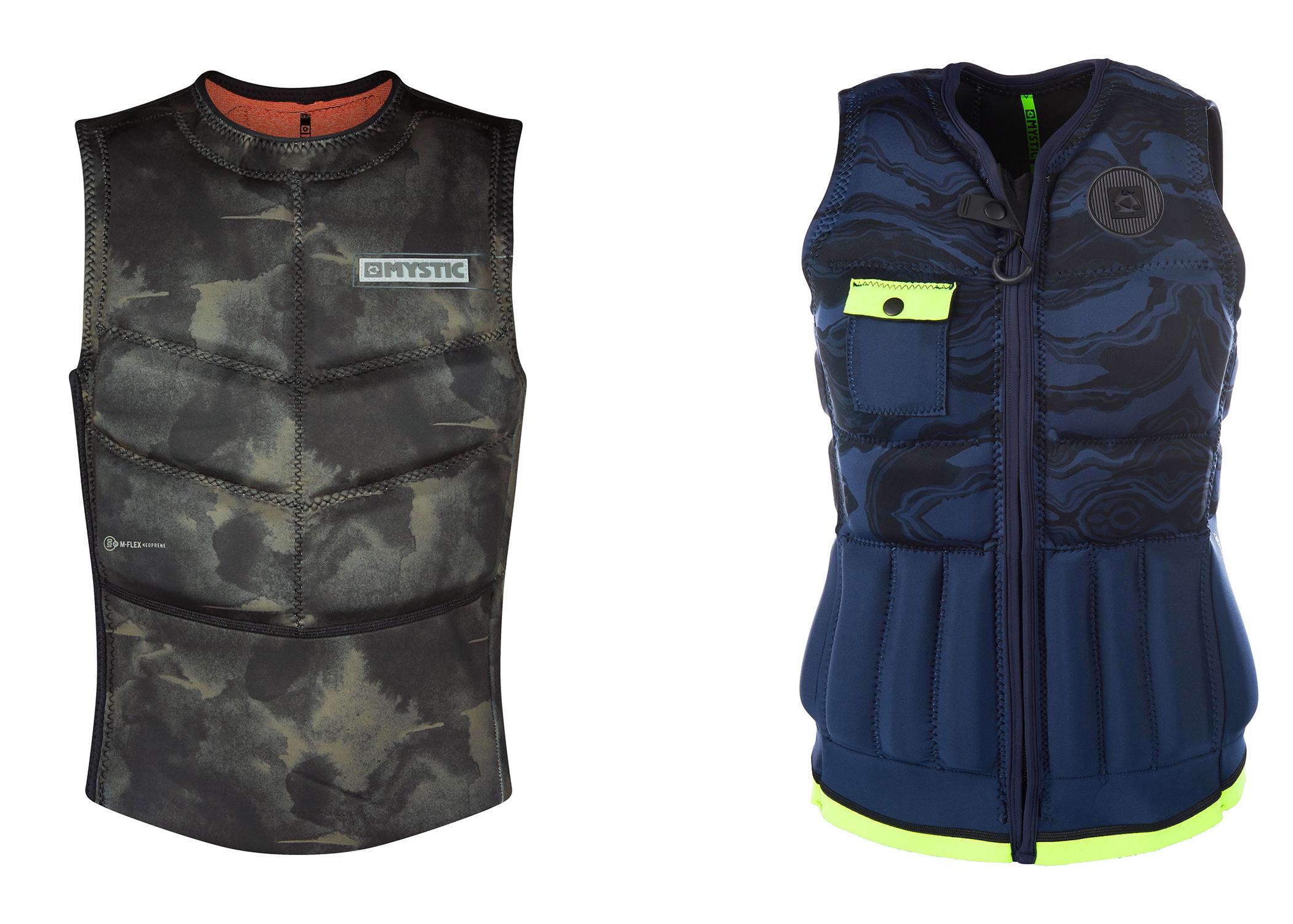 Two padded impact vests side by side, one in green camo and one in navy with lime zip