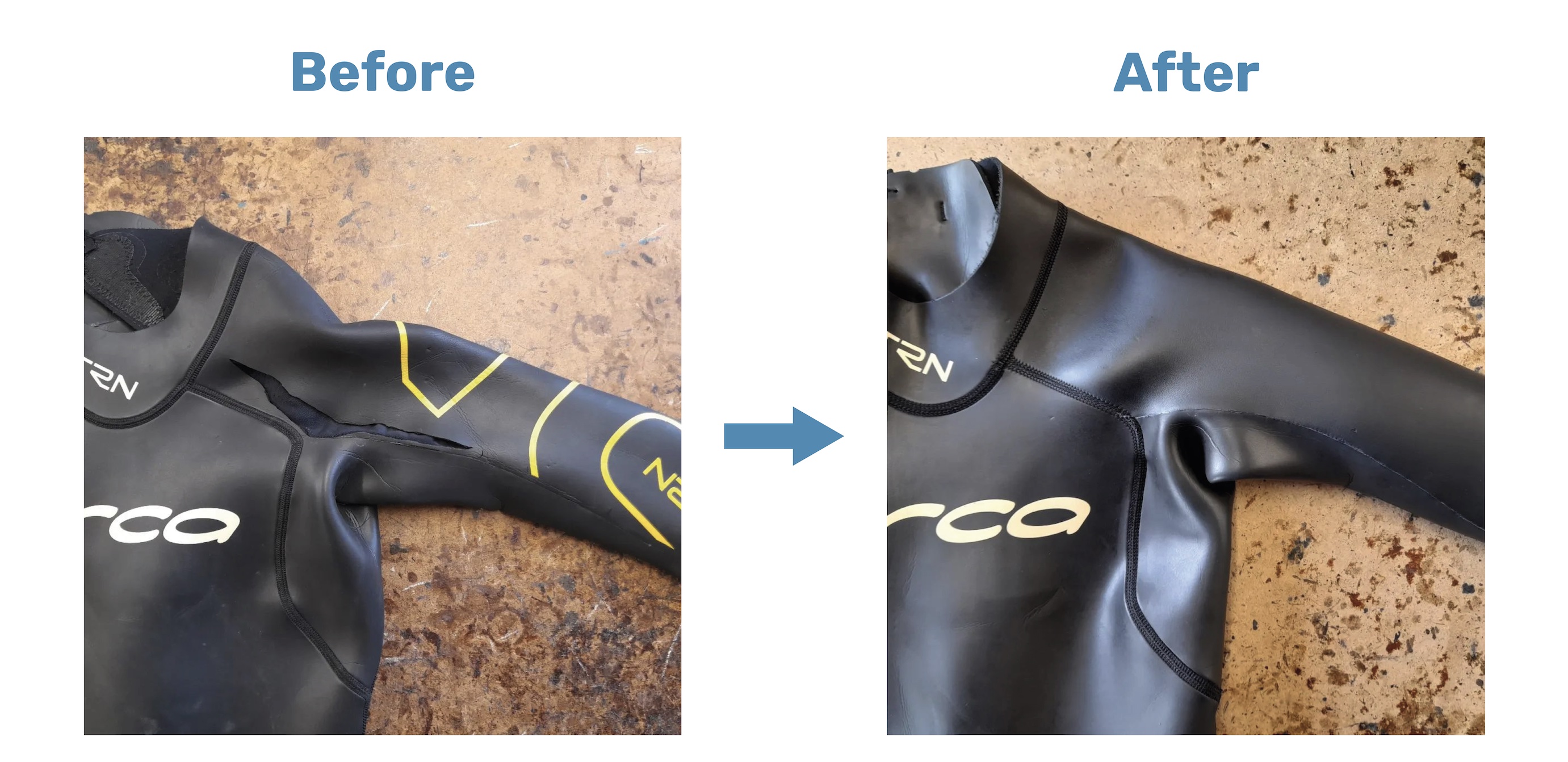 Before and after comparison of a torn black wetsuit chest panel repaired and resealed