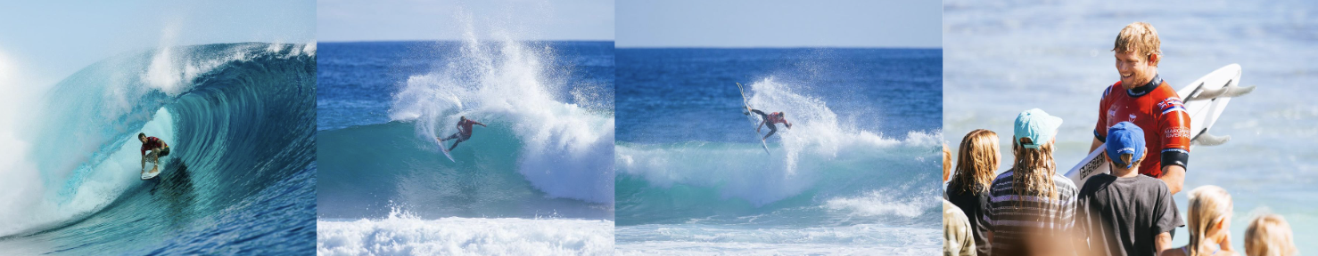 Four-photo strip of a barrelling wave, an aerial off the lip and spectators watching from the beach
