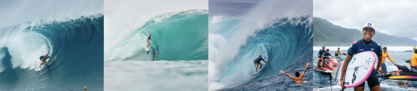 Four-photo strip of surfers deep in barrelling waves and a woman carrying her board through the water