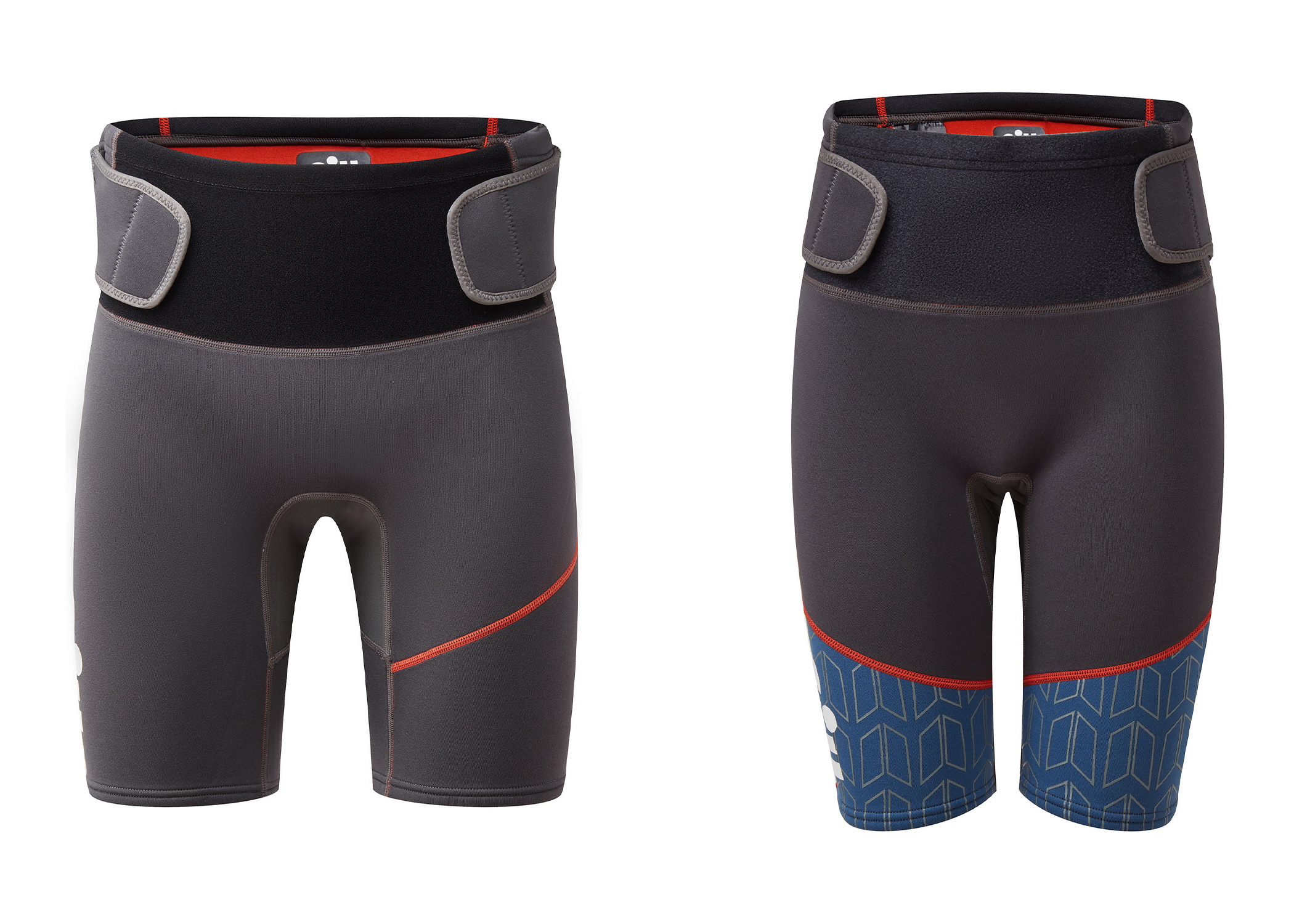 Grey and navy neoprene hiking shorts with padded hip panels, shown front and back