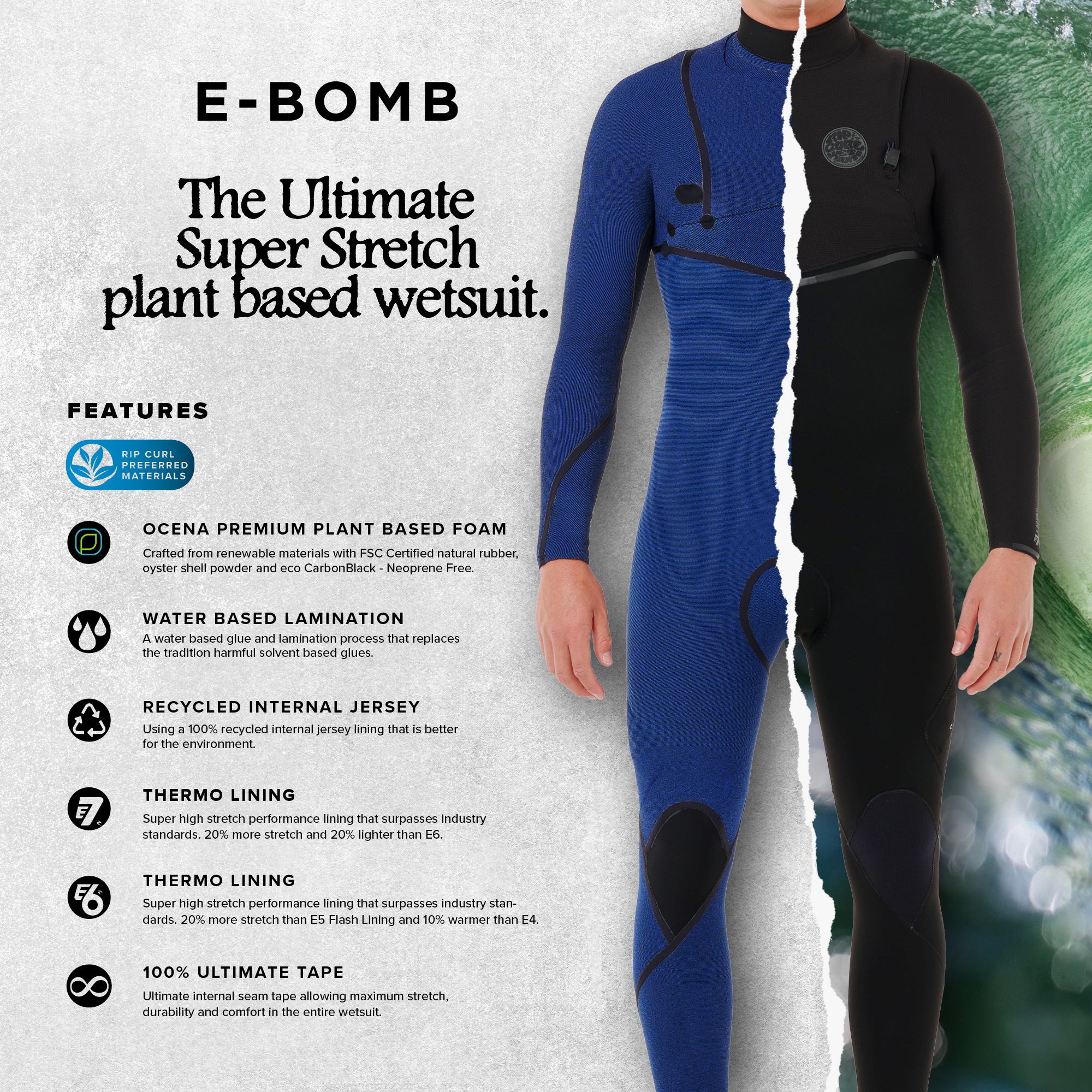 Rip Curl E-Bomb feature panel for a plant-based super stretch wetsuit, shown half blue and half black