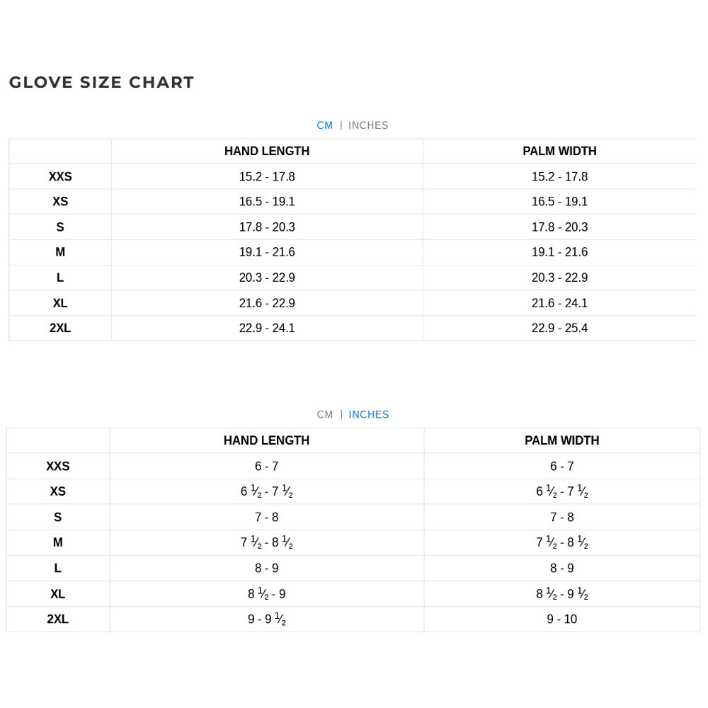 Xcel Gloves 22 0 Tableau des tailles