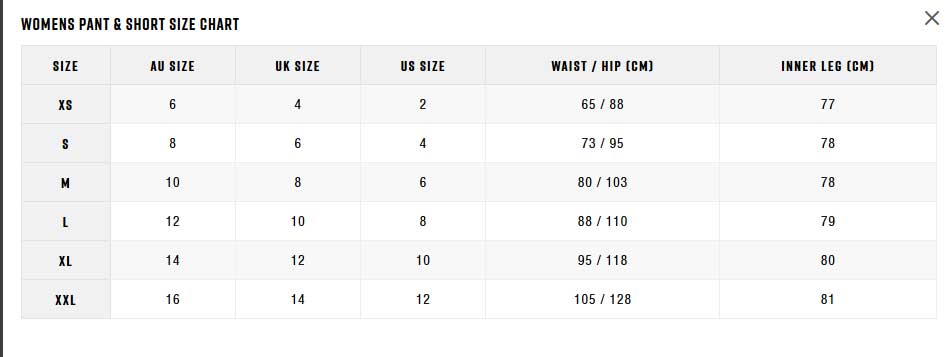 Zhik Womens Pants Shorts 0 Tableau des tailles